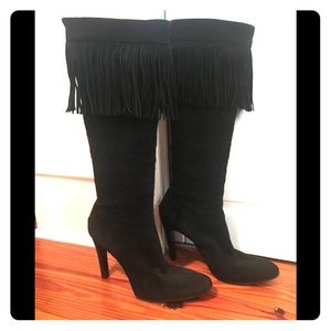 HELMUT LANGE Black suede fringe boots.
